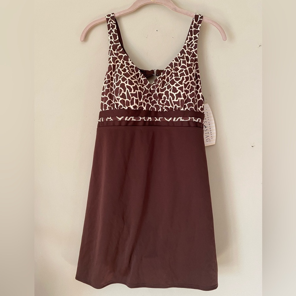 White Stag Brown Animal Print Skirted Bathing Suit M NWT
